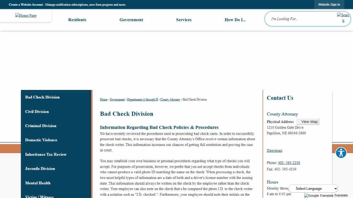 Bad Check Division Sarpy County, NE